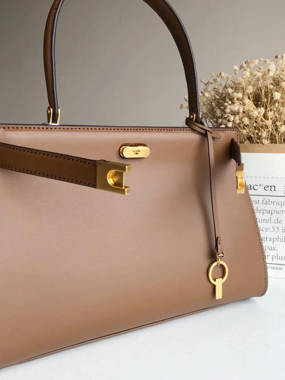 Tory Burch Smooth Brown Leather Top-Handle Satchel with Gold Hardware